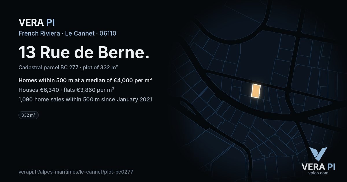 13 Rue de Berne, Le Cannet at night – the plot lit, the parcels around coloured by the prices near them