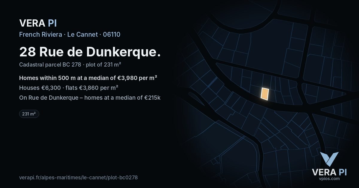 28 Rue de Dunkerque, Le Cannet at night – the plot lit, the parcels around coloured by the prices near them