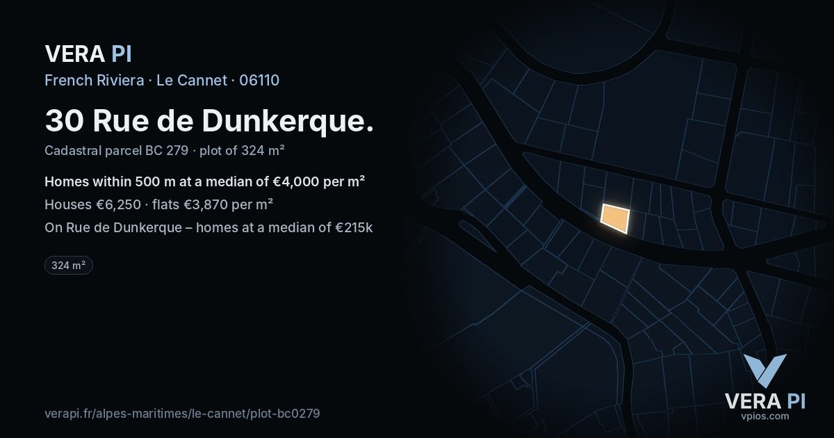 30 Rue de Dunkerque, Le Cannet at night – the plot lit, the parcels around coloured by the prices near them
