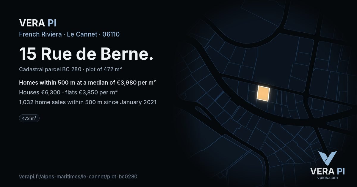 15 Rue de Berne, Le Cannet at night – the plot lit, the parcels around coloured by the prices near them
