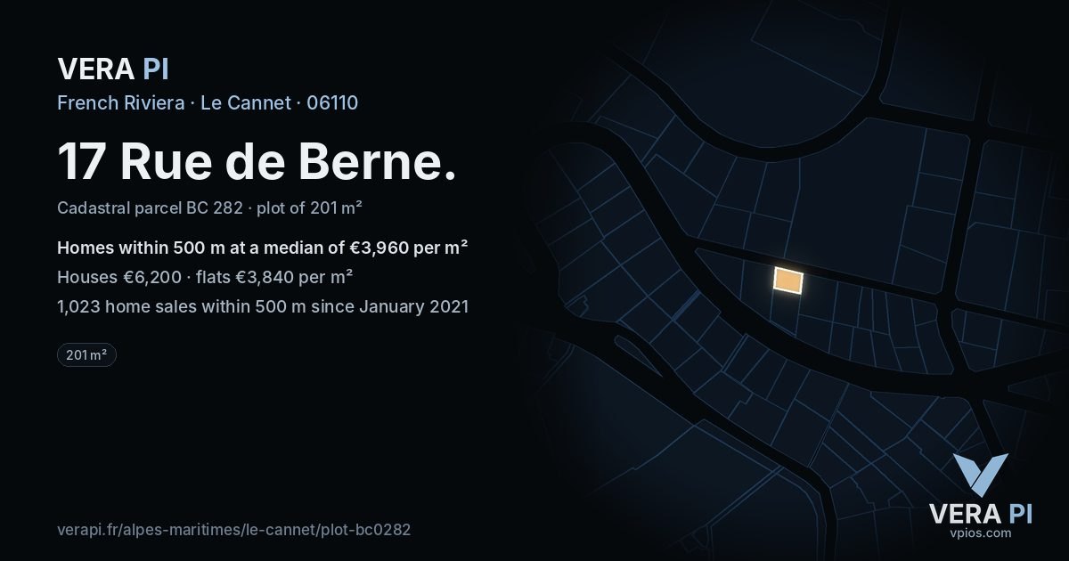 17 Rue de Berne, Le Cannet at night – the plot lit, the parcels around coloured by the prices near them