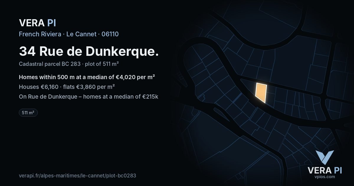 34 Rue de Dunkerque, Le Cannet at night – the plot lit, the parcels around coloured by the prices near them