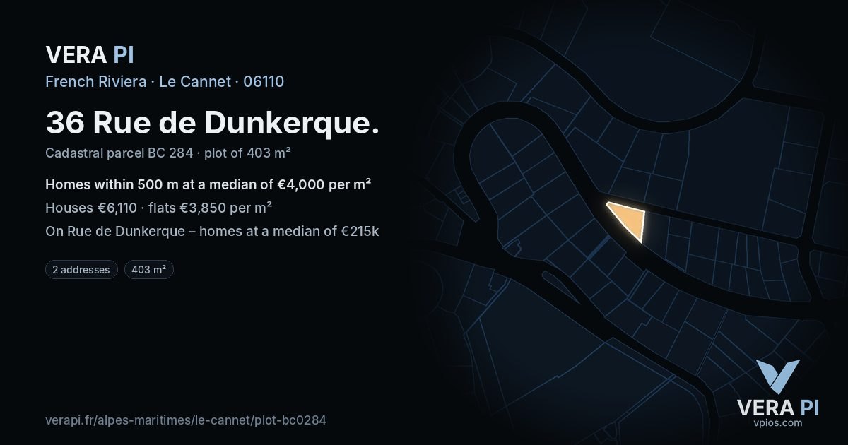 36 Rue de Dunkerque, Le Cannet at night – the plot lit, the parcels around coloured by the prices near them