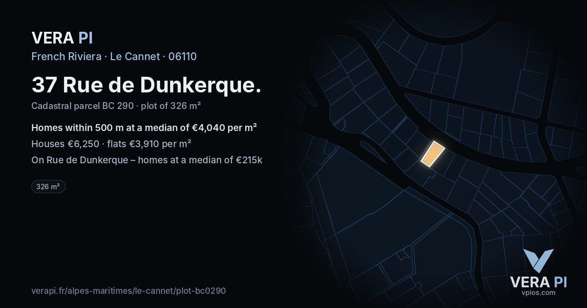 37 Rue de Dunkerque, Le Cannet at night – the plot lit, the parcels around coloured by the prices near them