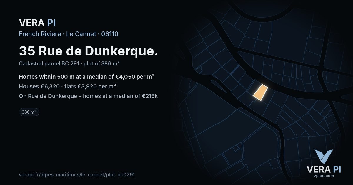 35 Rue de Dunkerque, Le Cannet at night – the plot lit, the parcels around coloured by the prices near them