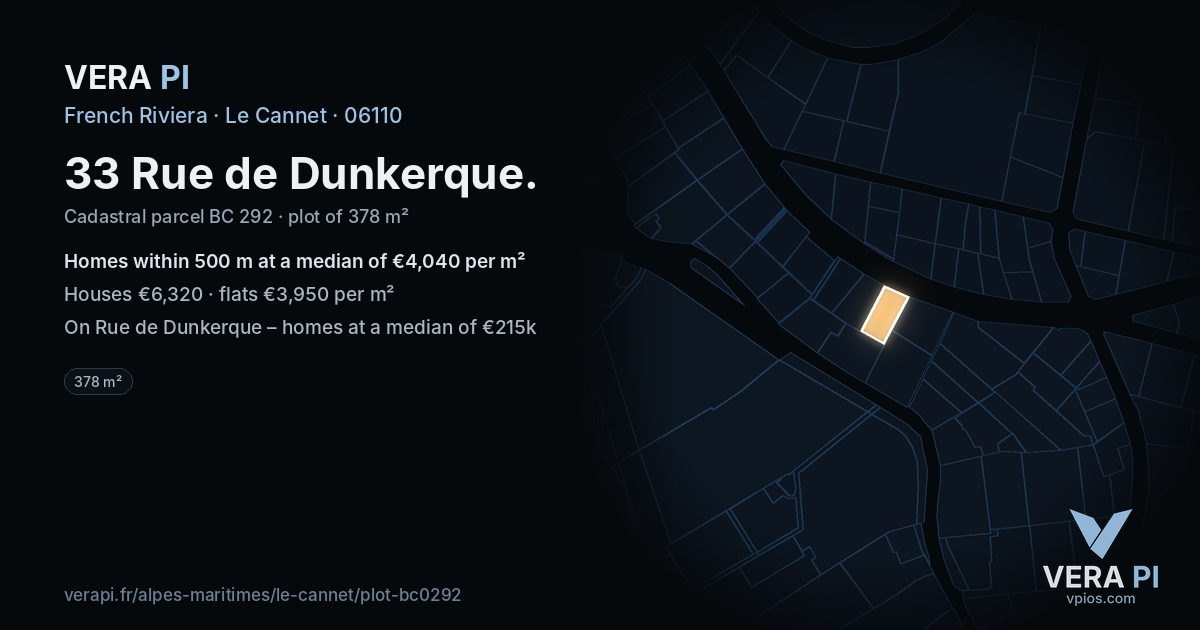 33 Rue de Dunkerque, Le Cannet at night – the plot lit, the parcels around coloured by the prices near them