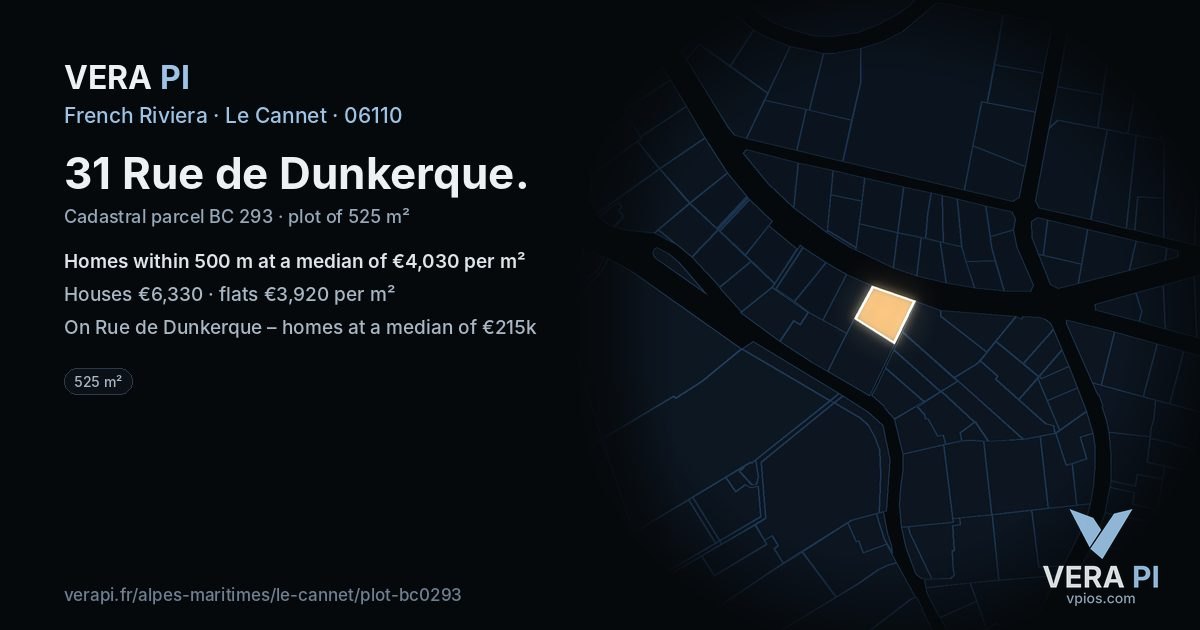 31 Rue de Dunkerque, Le Cannet at night – the plot lit, the parcels around coloured by the prices near them