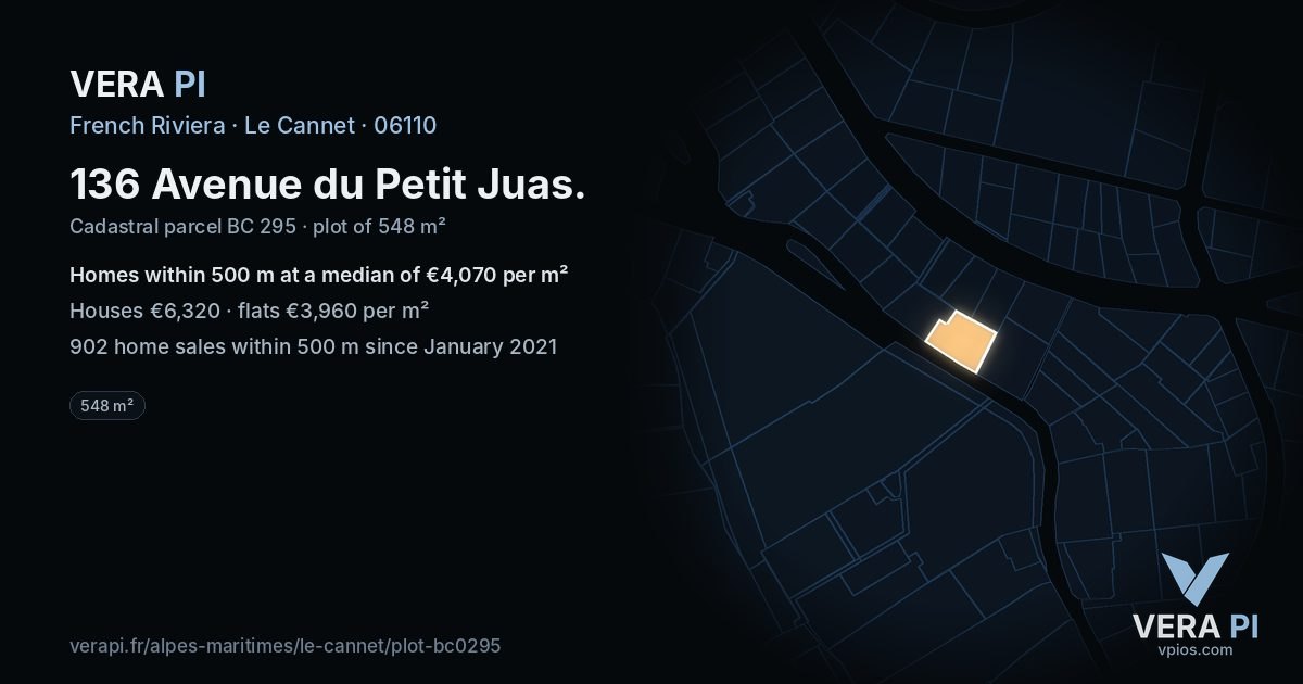 136 Avenue du Petit Juas, Le Cannet at night – the plot lit, the parcels around coloured by the prices near them