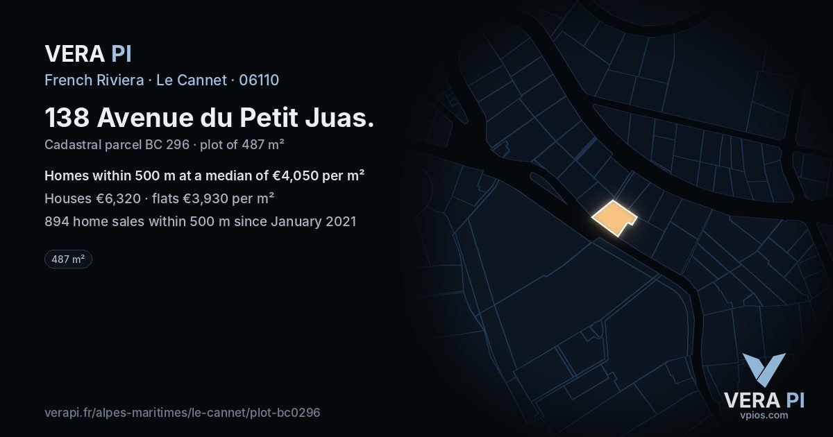 138 Avenue du Petit Juas, Le Cannet at night – the plot lit, the parcels around coloured by the prices near them