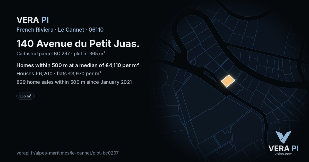 140 Avenue du Petit Juas, Le Cannet at night – the plot lit, the parcels around coloured by the prices near them