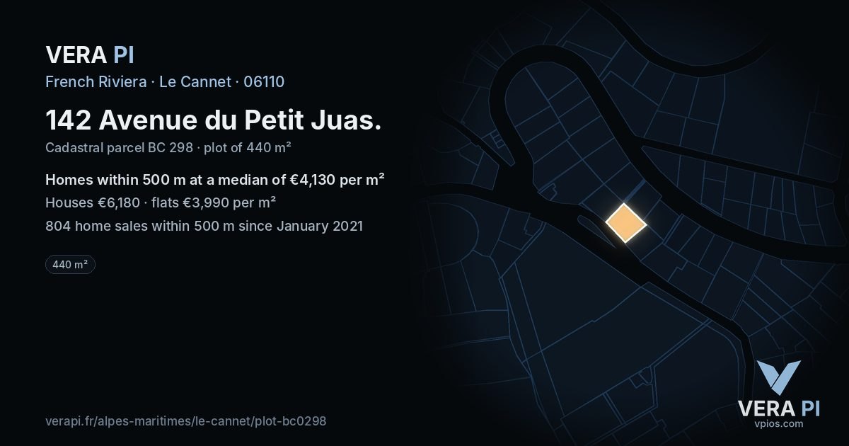 142 Avenue du Petit Juas, Le Cannet at night – the plot lit, the parcels around coloured by the prices near them