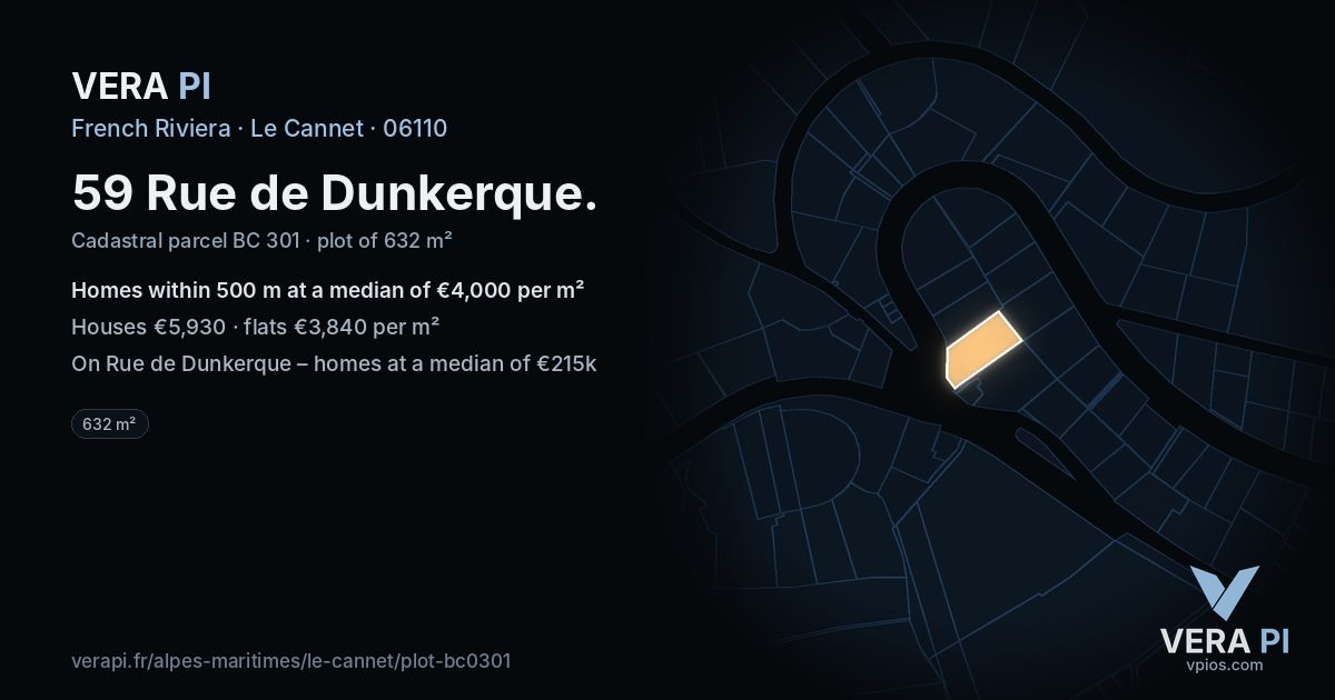 59 Rue de Dunkerque, Le Cannet at night – the plot lit, the parcels around coloured by the prices near them