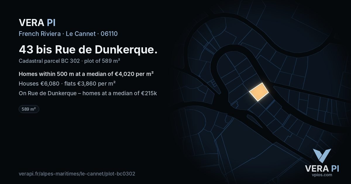 43 bis Rue de Dunkerque, Le Cannet at night – the plot lit, the parcels around coloured by the prices near them