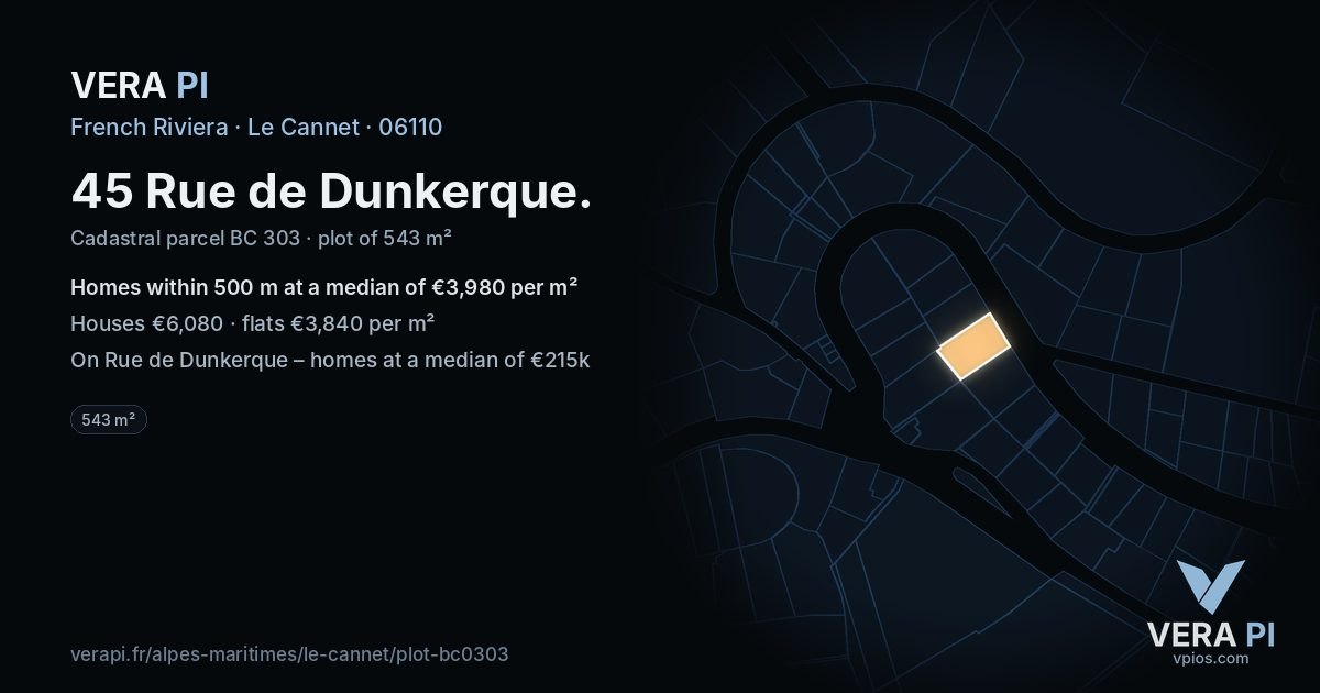 45 Rue de Dunkerque, Le Cannet at night – the plot lit, the parcels around coloured by the prices near them