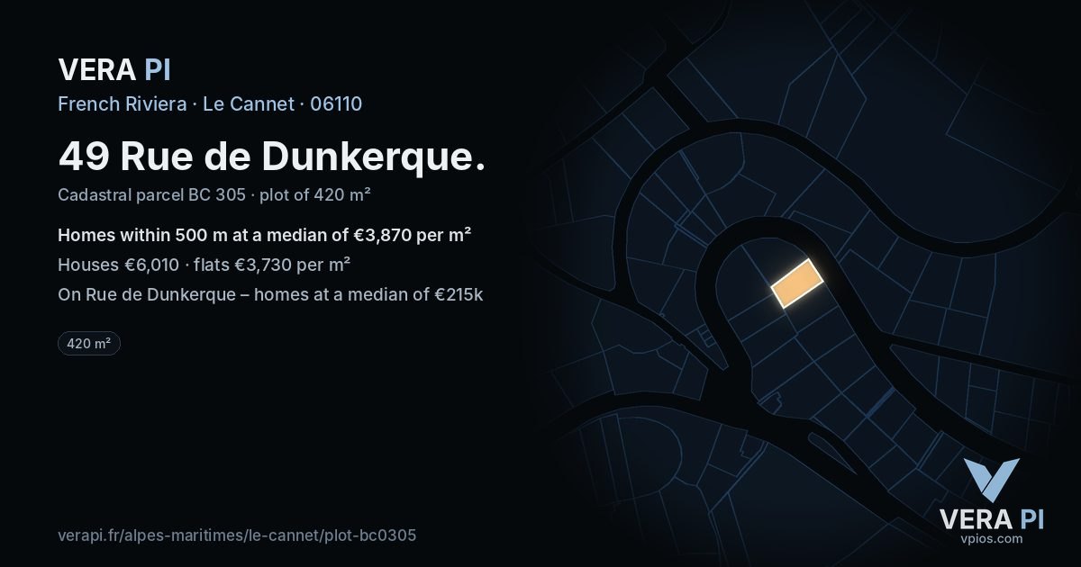 49 Rue de Dunkerque, Le Cannet at night – the plot lit, the parcels around coloured by the prices near them