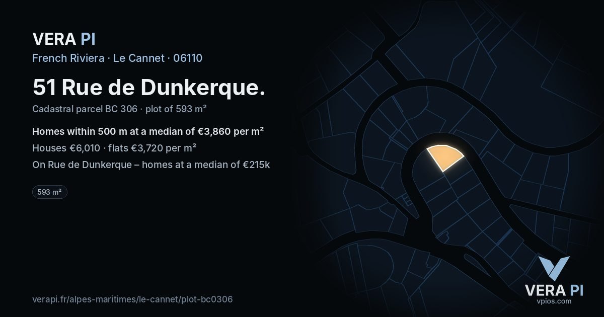 51 Rue de Dunkerque, Le Cannet at night – the plot lit, the parcels around coloured by the prices near them