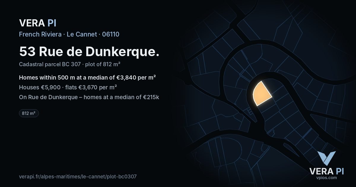 53 Rue de Dunkerque, Le Cannet at night – the plot lit, the parcels around coloured by the prices near them