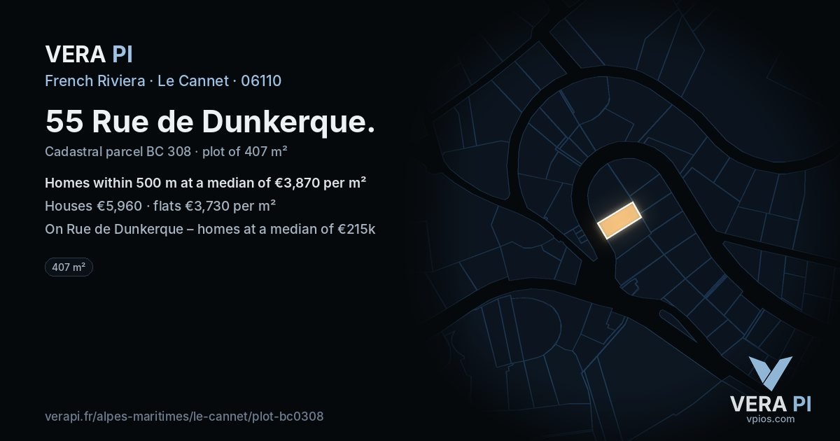 55 Rue de Dunkerque, Le Cannet at night – the plot lit, the parcels around coloured by the prices near them