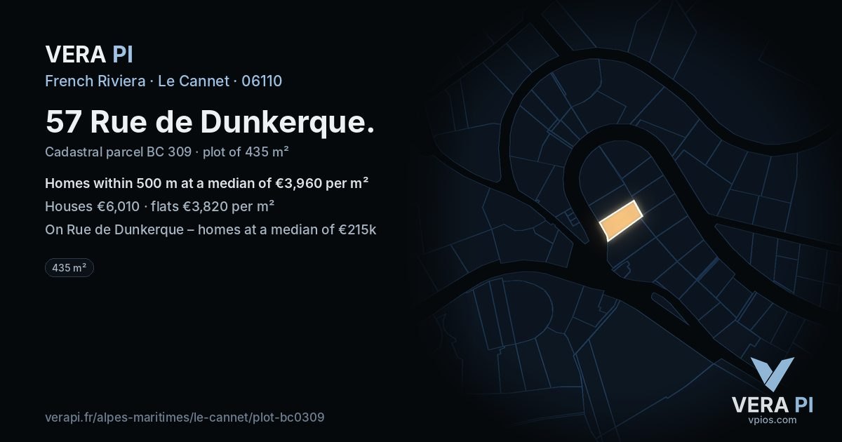 57 Rue de Dunkerque, Le Cannet at night – the plot lit, the parcels around coloured by the prices near them