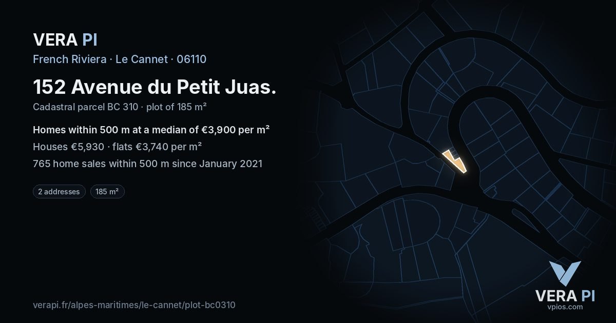 152 Avenue du Petit Juas, Le Cannet at night – the plot lit, the parcels around coloured by the prices near them