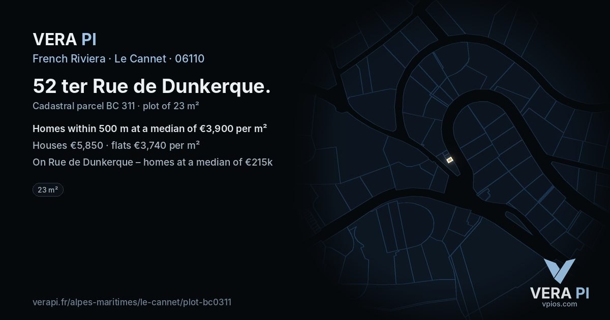 52 ter Rue de Dunkerque, Le Cannet at night – the plot lit, the parcels around coloured by the prices near them