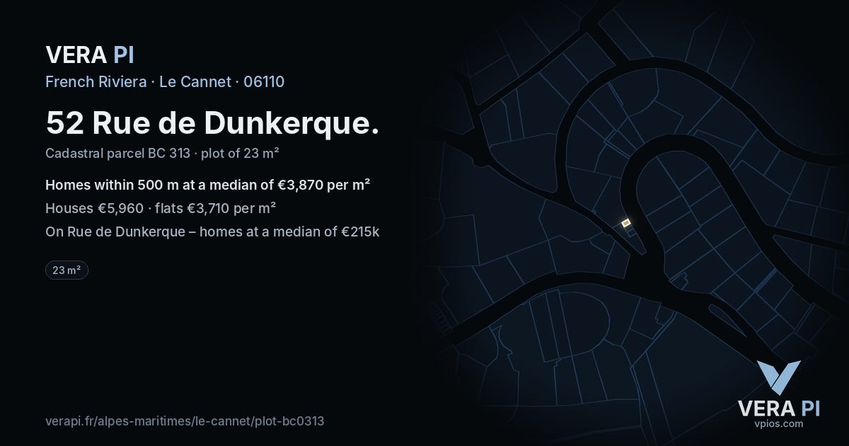 52 Rue de Dunkerque, Le Cannet at night – the plot lit, the parcels around coloured by the prices near them
