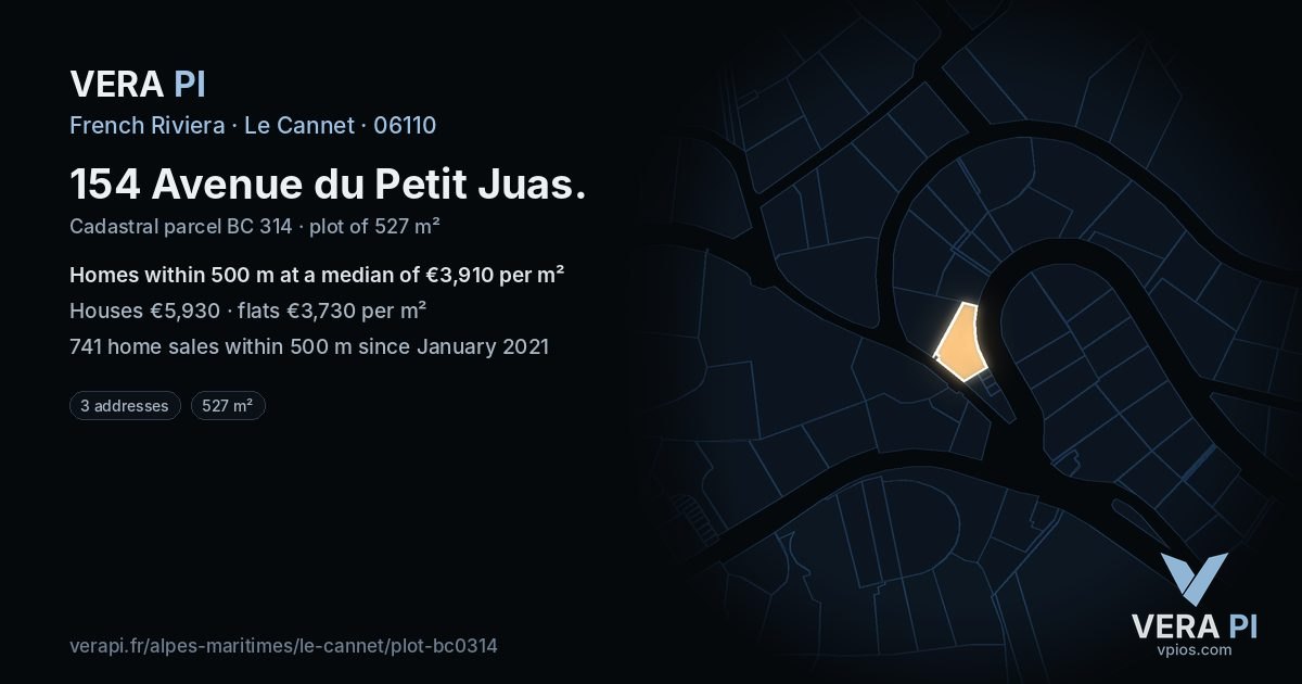 154 Avenue du Petit Juas, Le Cannet at night – the plot lit, the parcels around coloured by the prices near them