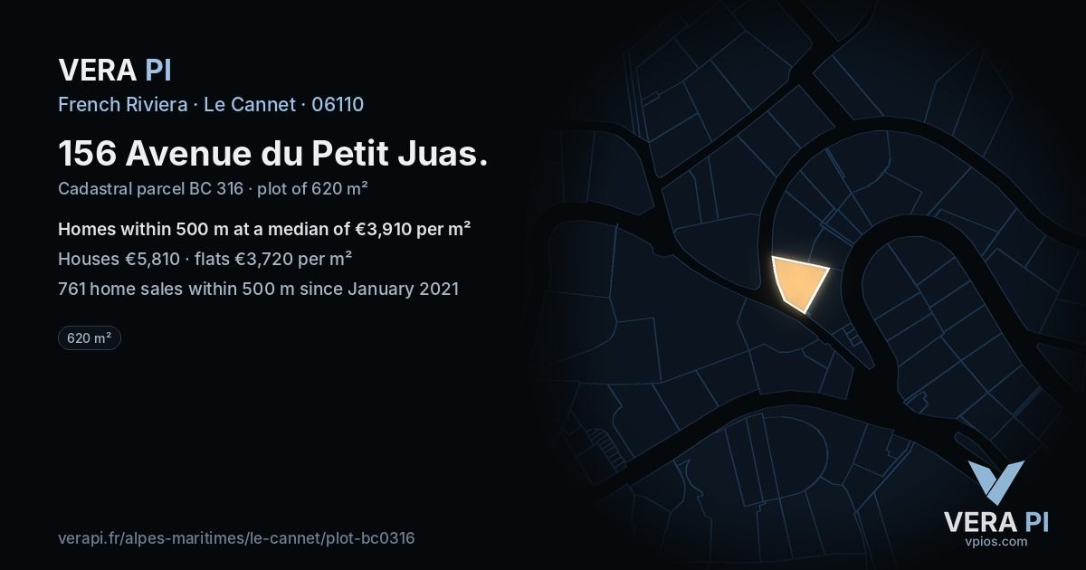 156 Avenue du Petit Juas, Le Cannet at night – the plot lit, the parcels around coloured by the prices near them
