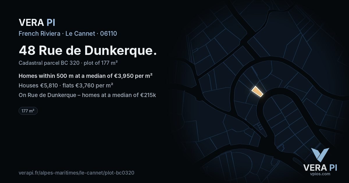 48 Rue de Dunkerque, Le Cannet at night – the plot lit, the parcels around coloured by the prices near them