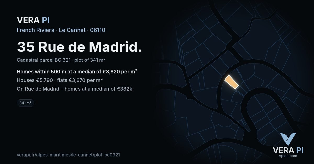 35 Rue de Madrid, Le Cannet at night – the plot lit, the parcels around coloured by the prices near them