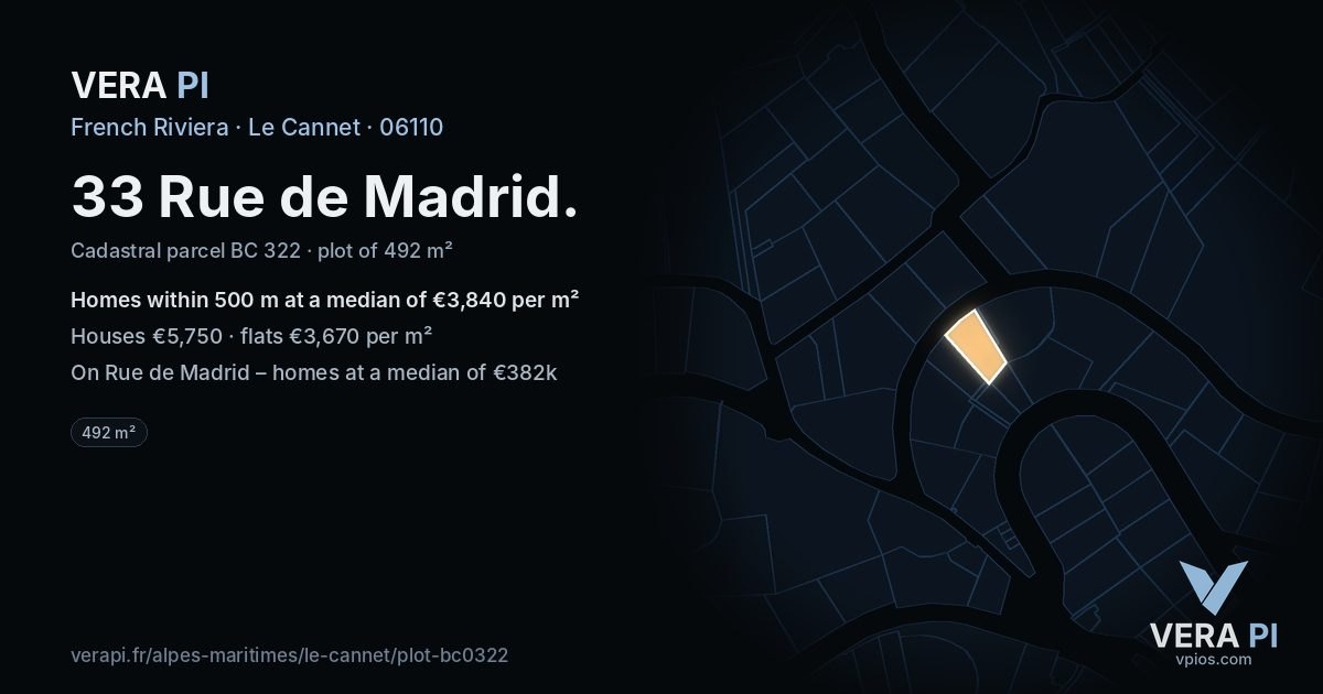 33 Rue de Madrid, Le Cannet at night – the plot lit, the parcels around coloured by the prices near them