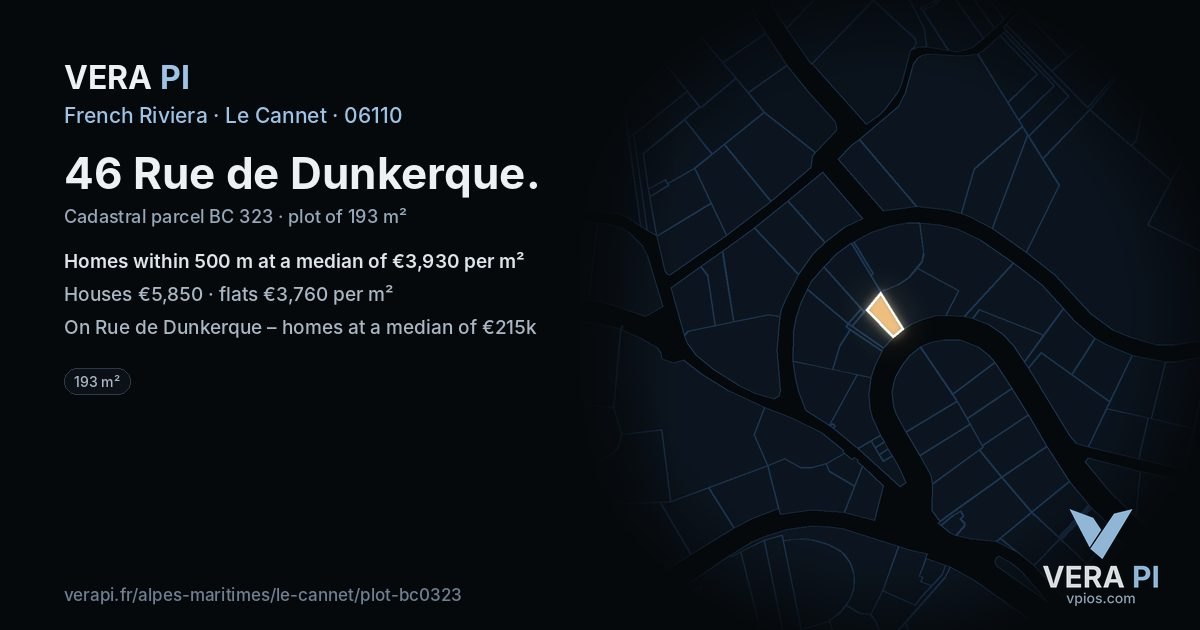 46 Rue de Dunkerque, Le Cannet at night – the plot lit, the parcels around coloured by the prices near them