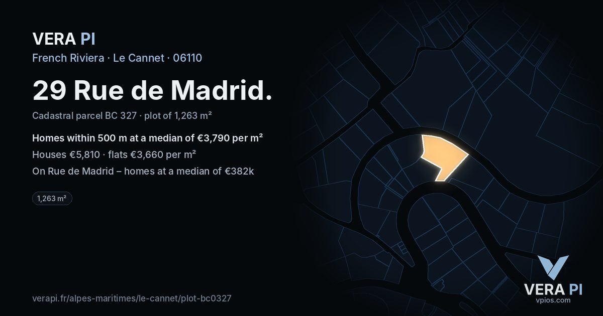 29 Rue de Madrid, Le Cannet at night – the plot lit, the parcels around coloured by the prices near them