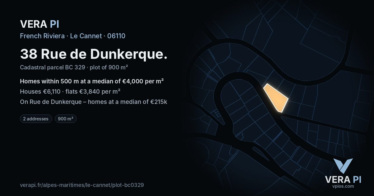 38 Rue de Dunkerque, Le Cannet at night – the plot lit, the parcels around coloured by the prices near them