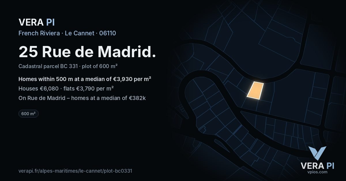 25 Rue de Madrid, Le Cannet at night – the plot lit, the parcels around coloured by the prices near them