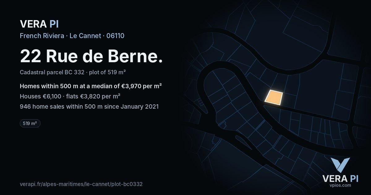 22 Rue de Berne, Le Cannet at night – the plot lit, the parcels around coloured by the prices near them
