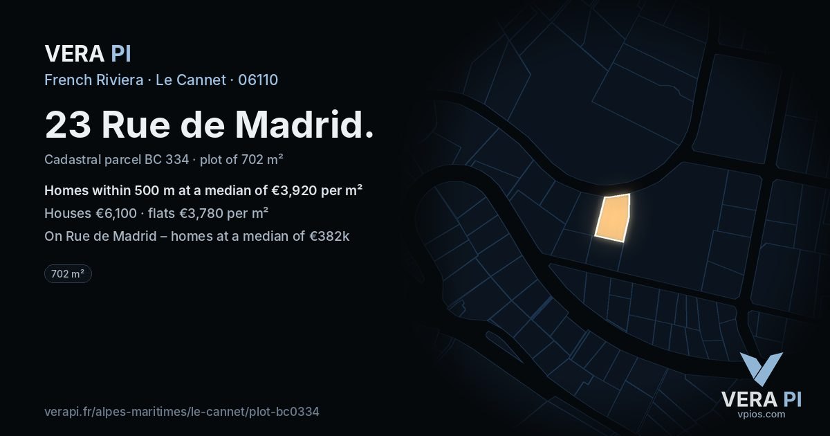 23 Rue de Madrid, Le Cannet at night – the plot lit, the parcels around coloured by the prices near them