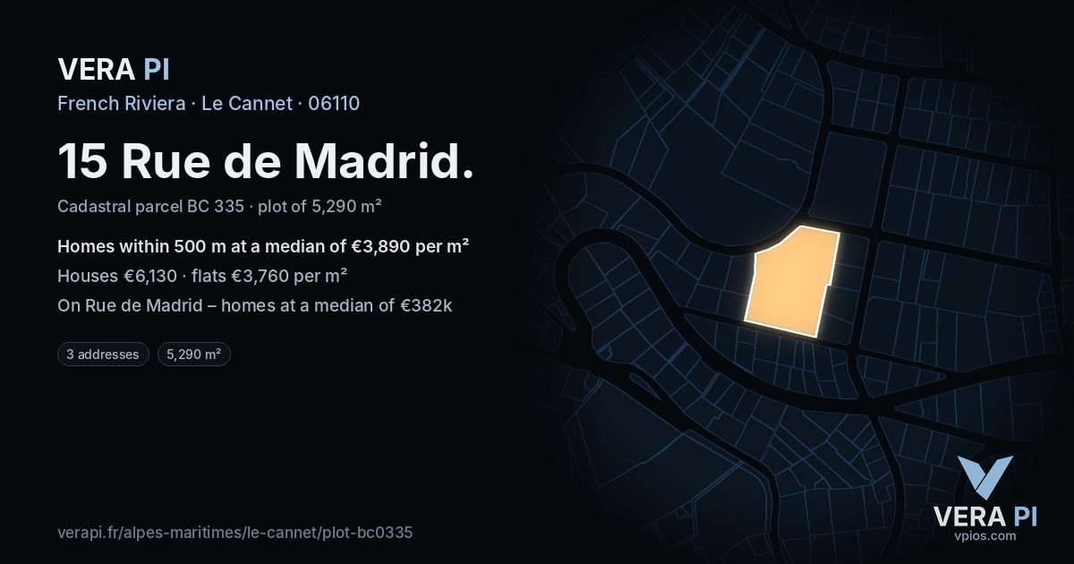 15 Rue de Madrid, Le Cannet at night – the plot lit, the parcels around coloured by the prices near them