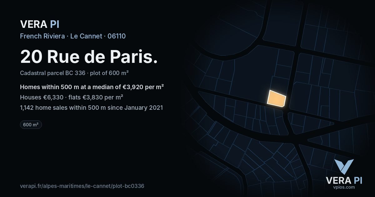 20 Rue de Paris, Le Cannet at night – the plot lit, the parcels around coloured by the prices near them
