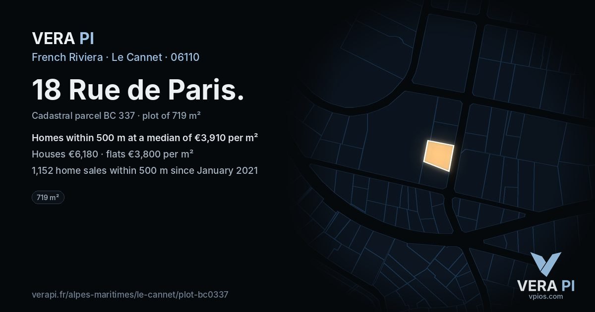 18 Rue de Paris, Le Cannet at night – the plot lit, the parcels around coloured by the prices near them