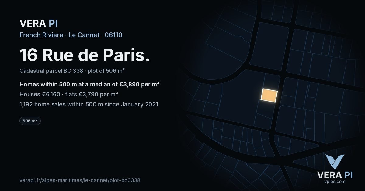 16 Rue de Paris, Le Cannet at night – the plot lit, the parcels around coloured by the prices near them