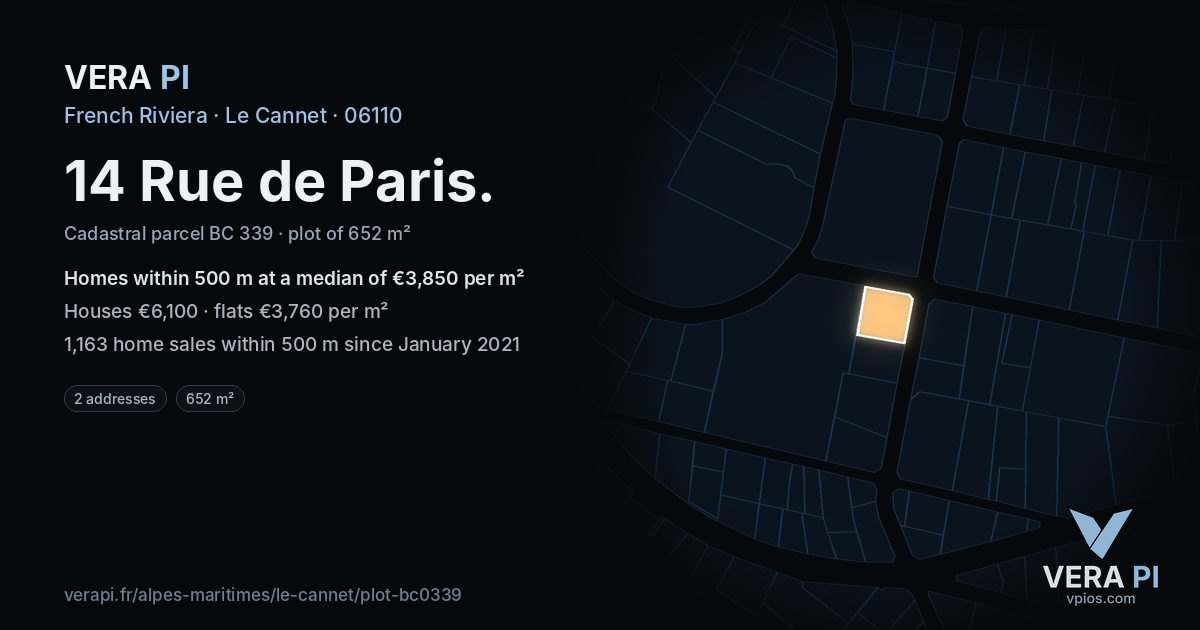 14 Rue de Paris, Le Cannet at night – the plot lit, the parcels around coloured by the prices near them