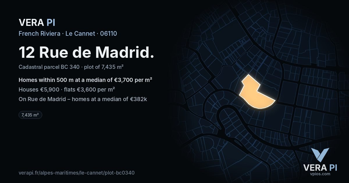 12 Rue de Madrid, Le Cannet at night – the plot lit, the parcels around coloured by the prices near them