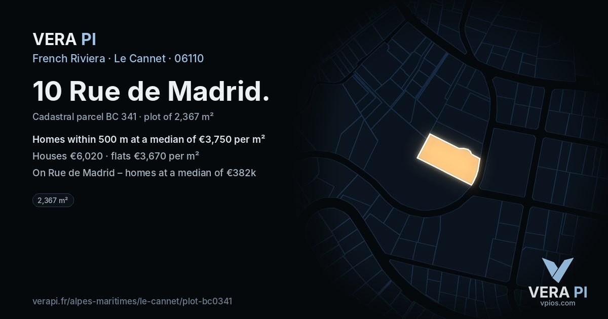 10 Rue de Madrid, Le Cannet at night – the plot lit, the parcels around coloured by the prices near them
