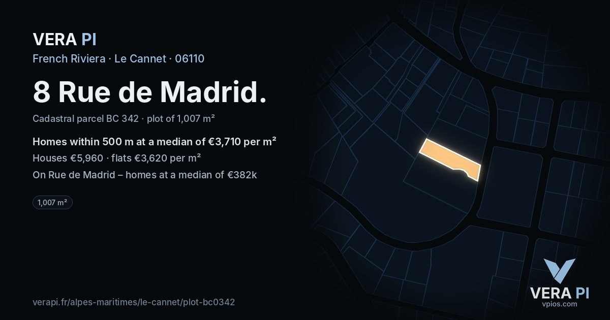 8 Rue de Madrid, Le Cannet at night – the plot lit, the parcels around coloured by the prices near them