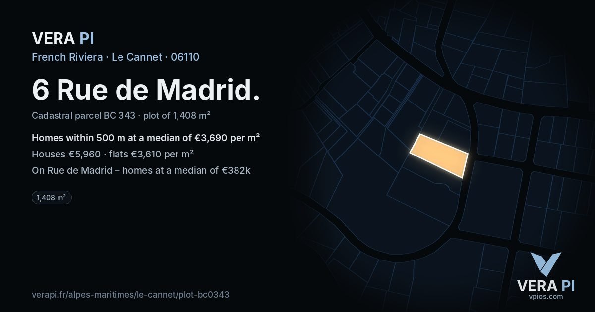 6 Rue de Madrid, Le Cannet at night – the plot lit, the parcels around coloured by the prices near them