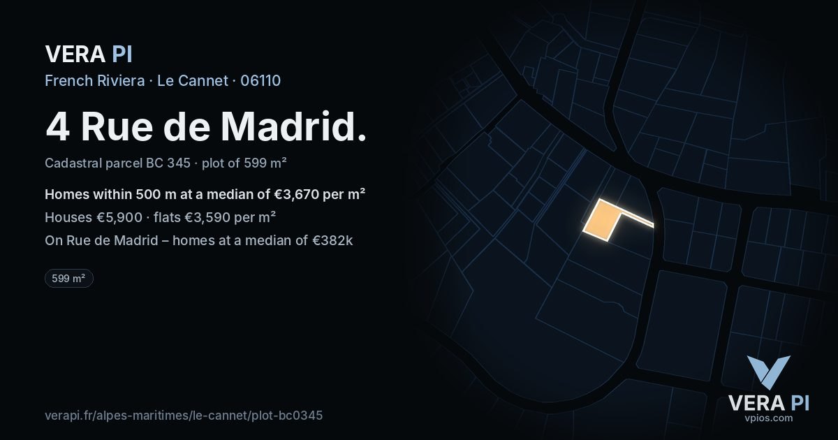 4 Rue de Madrid, Le Cannet at night – the plot lit, the parcels around coloured by the prices near them