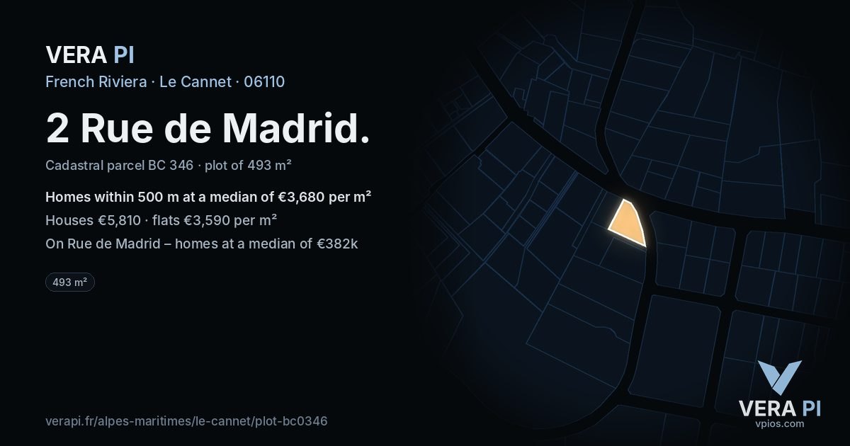 2 Rue de Madrid, Le Cannet at night – the plot lit, the parcels around coloured by the prices near them