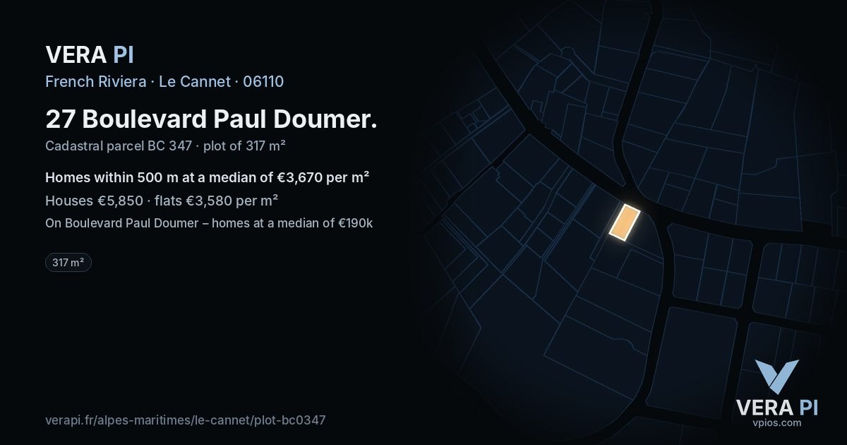 27 Boulevard Paul Doumer, Le Cannet at night – the plot lit, the parcels around coloured by the prices near them