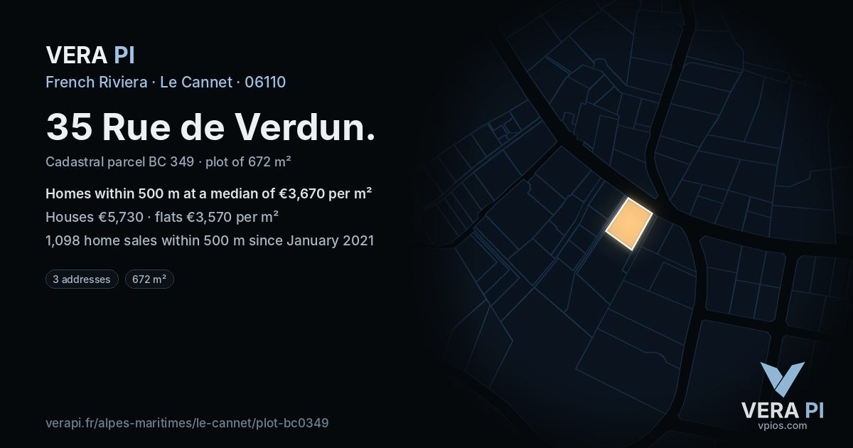 35 Rue de Verdun, Le Cannet at night – the plot lit, the parcels around coloured by the prices near them